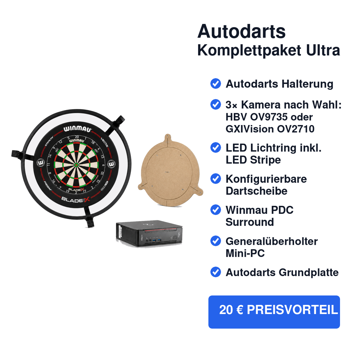 Autodarts Komplettpaket Ultra - Autodarts Halterung + Lichtring inkl. LED + Kameras + Dartscheibe + Surround + PC + Grundplatte