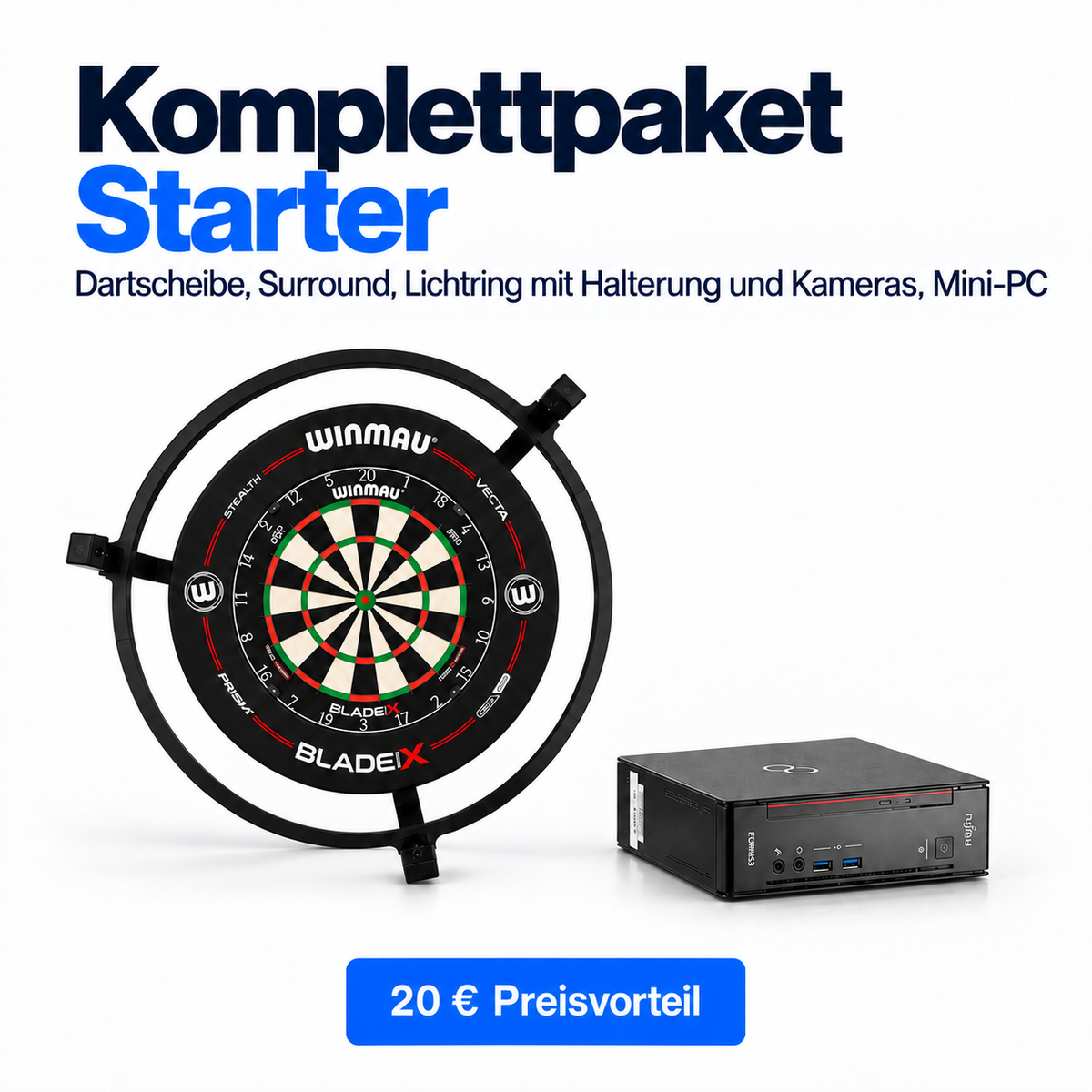 Autodarts Komplettpaket Starter - Autodarts Halterung + Lichtring inkl. LED + Kameras + Dartscheibe + Surround + PC