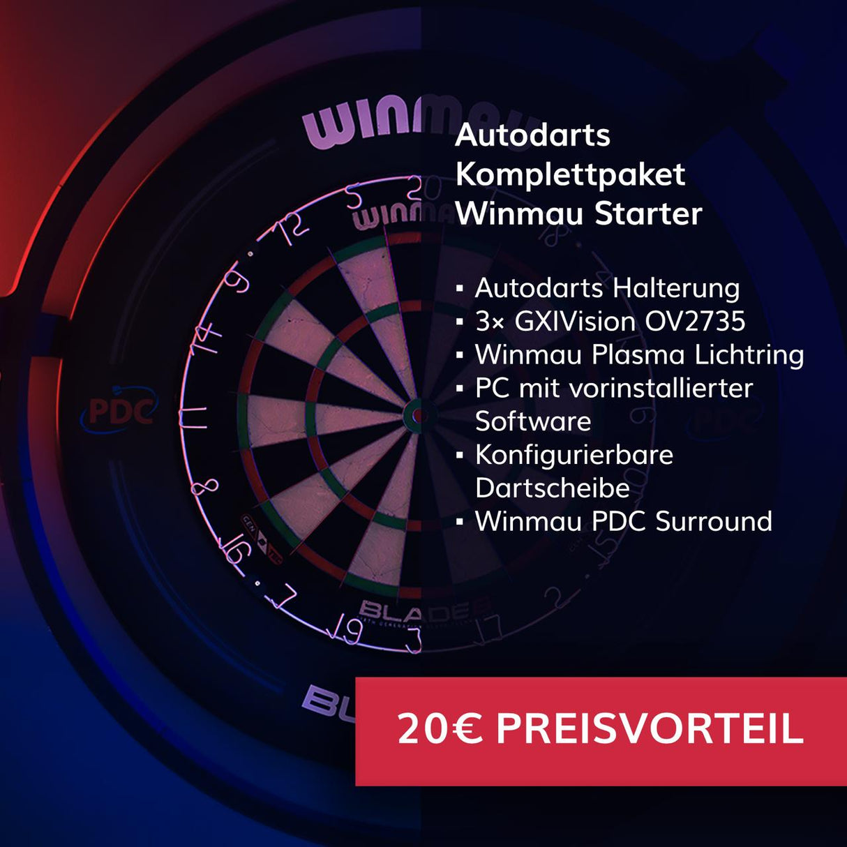 Autodarts Komplettpaket Winmau Starter - Autodarts Halterung + Winmau Plasma Lichtring + Kameras + Dartscheibe + Surround + PC