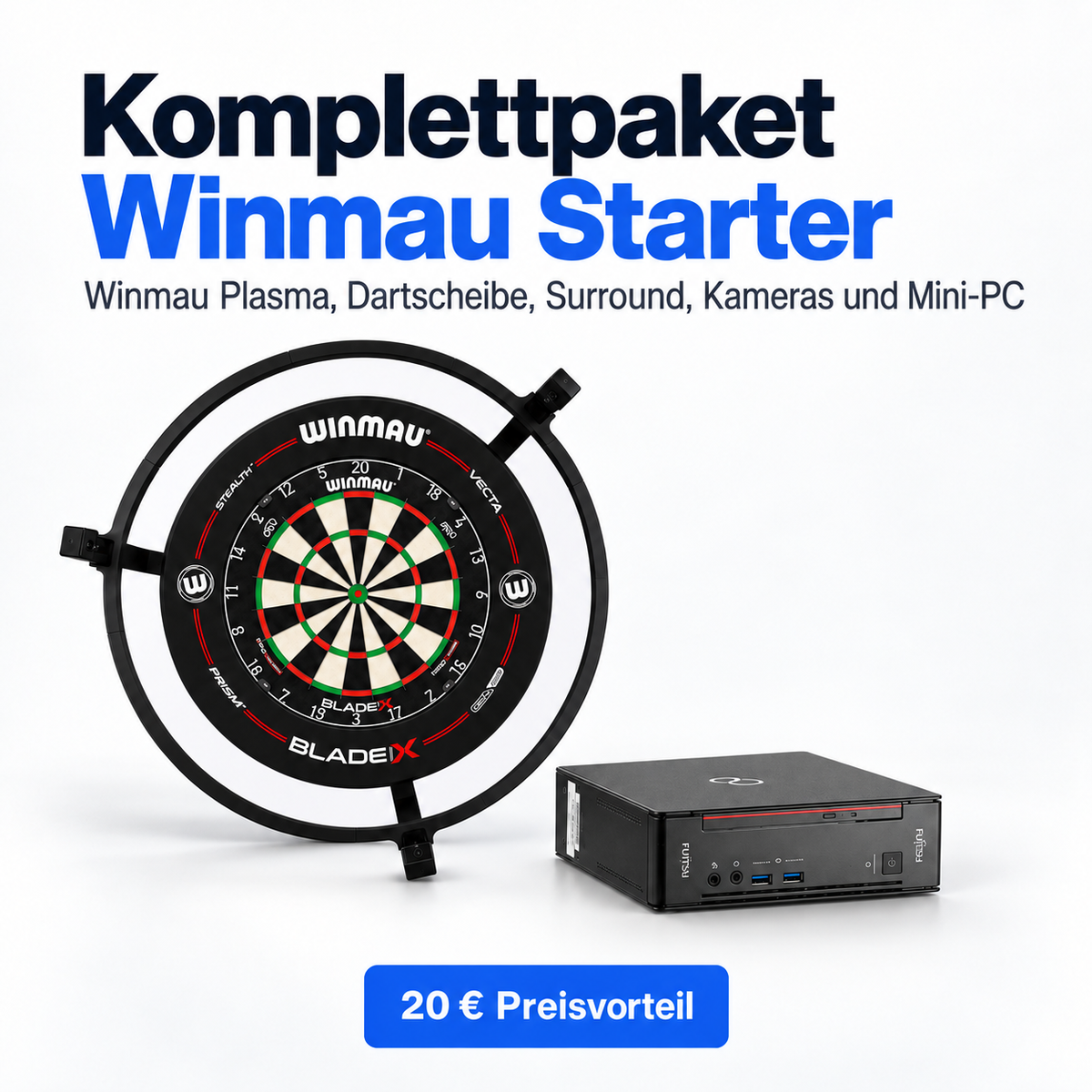 Autodarts Komplettpaket Winmau Starter - Autodarts Halterung + Winmau Plasma Lichtring + Kameras + Dartscheibe + Surround + PC