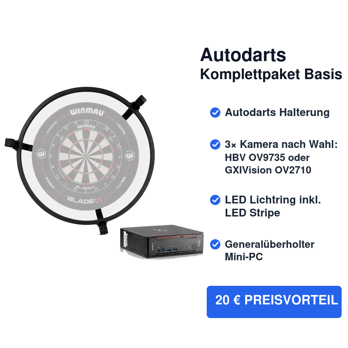 Autodarts Komplettpaket Basis - Autodarts Halterung + Lichtring inkl. LED + Kamera + PC