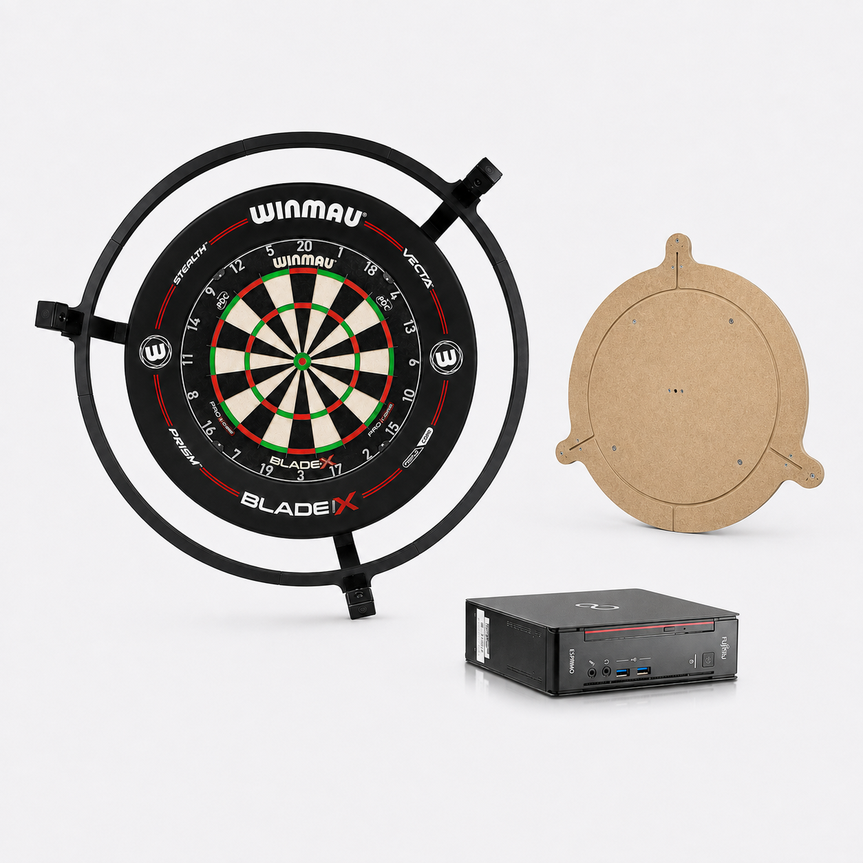 Autodarts Komplettpaket Ultra - Autodarts Halterung + Lichtring inkl. LED + Kameras + Dartscheibe + Surround + PC + Grundplatte