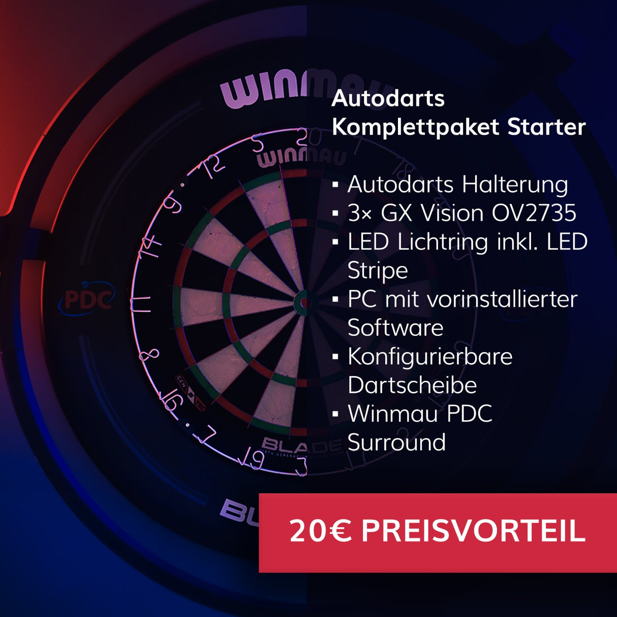 Autodarts Komplettpaket Starter - Autodarts Halterung + Lichtring inkl. LED + Kameras + Dartscheibe + Surround + PC