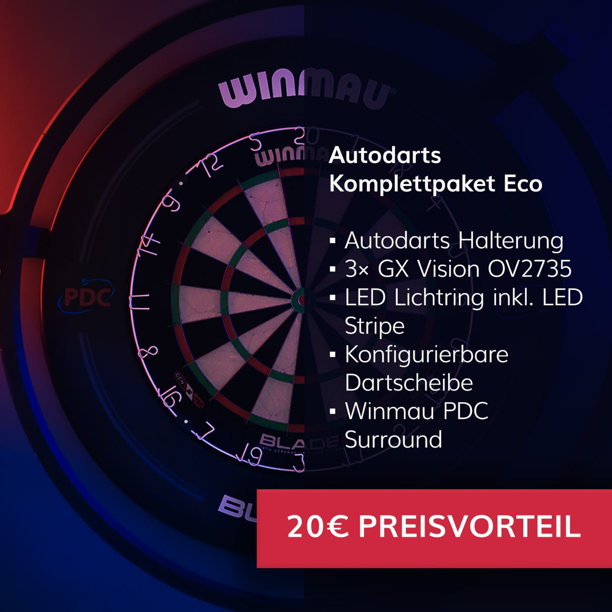 Autodarts Komplettpaket Eco - Autodarts Halterung + Lichtring inkl. LED + Kameras + Dartscheibe + Surround