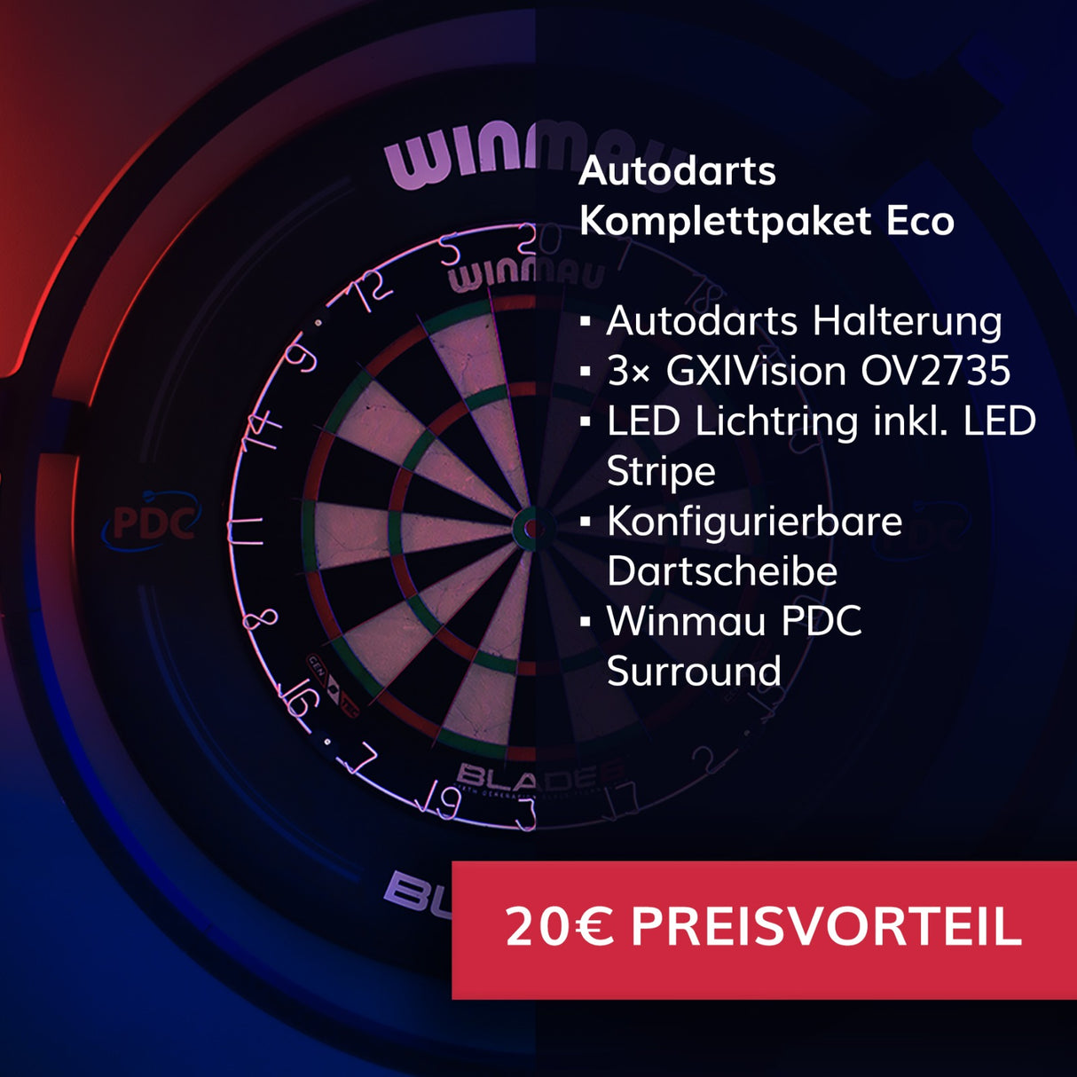 Autodarts compleet pakket - zonder PC - met houder + lichtring incl. LED + camera's + dartbord + surround