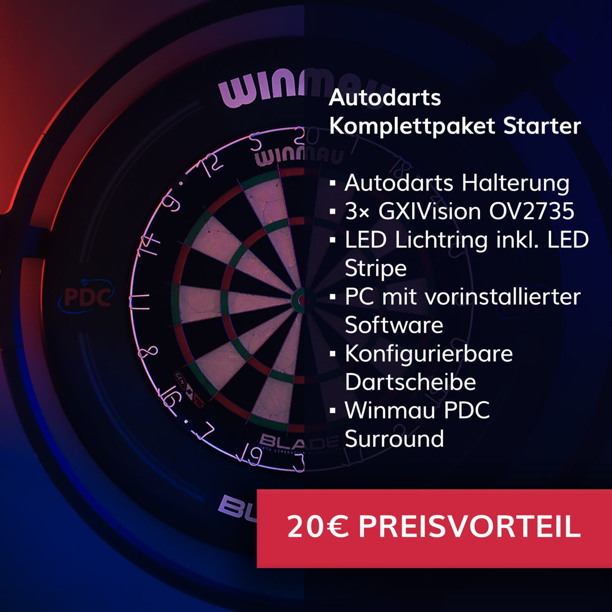Autodarts Starter Set - Compleet pakket met beugel + lichtring incl. LED + camera's + dartbord + surround + PC