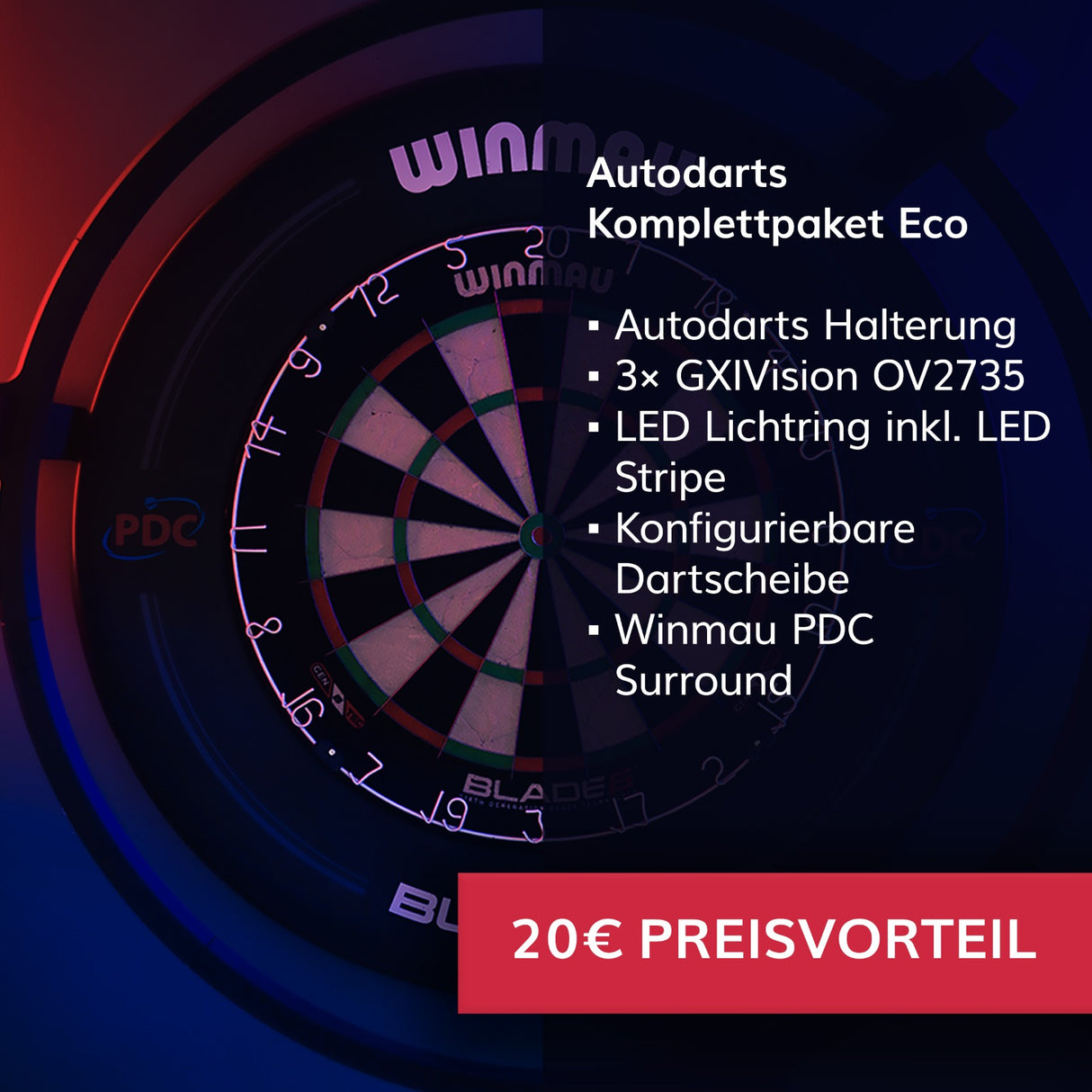 Autodarts Komplettpaket Eco - Autodarts Halterung + Lichtring inkl. LED + Kameras + Dartscheibe + Surround