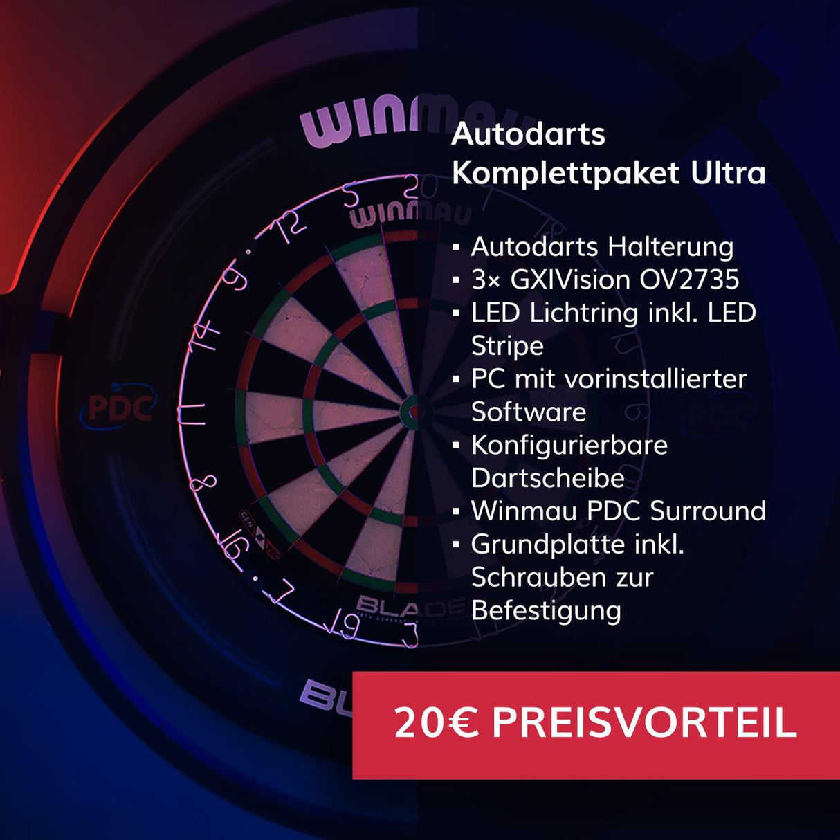 Autodarts Komplettpaket Ultra - Autodarts Halterung + Lichtring inkl. LED + Kameras + Dartscheibe + Surround + PC + Grundplatte